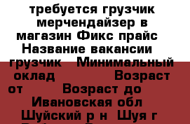 требуется грузчик-мерчендайзер в магазин Фикс прайс › Название вакансии ­ грузчик › Минимальный оклад ­ 18 000 › Возраст от ­ 19 › Возраст до ­ 40 - Ивановская обл., Шуйский р-н, Шуя г. Работа » Вакансии   